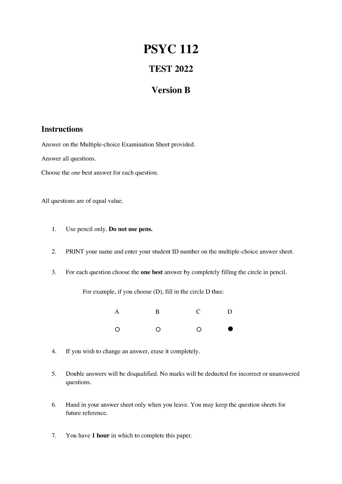 PSYC112 Terms Test 2022 Version B - PSYC 112 TEST 2022 Version B ...