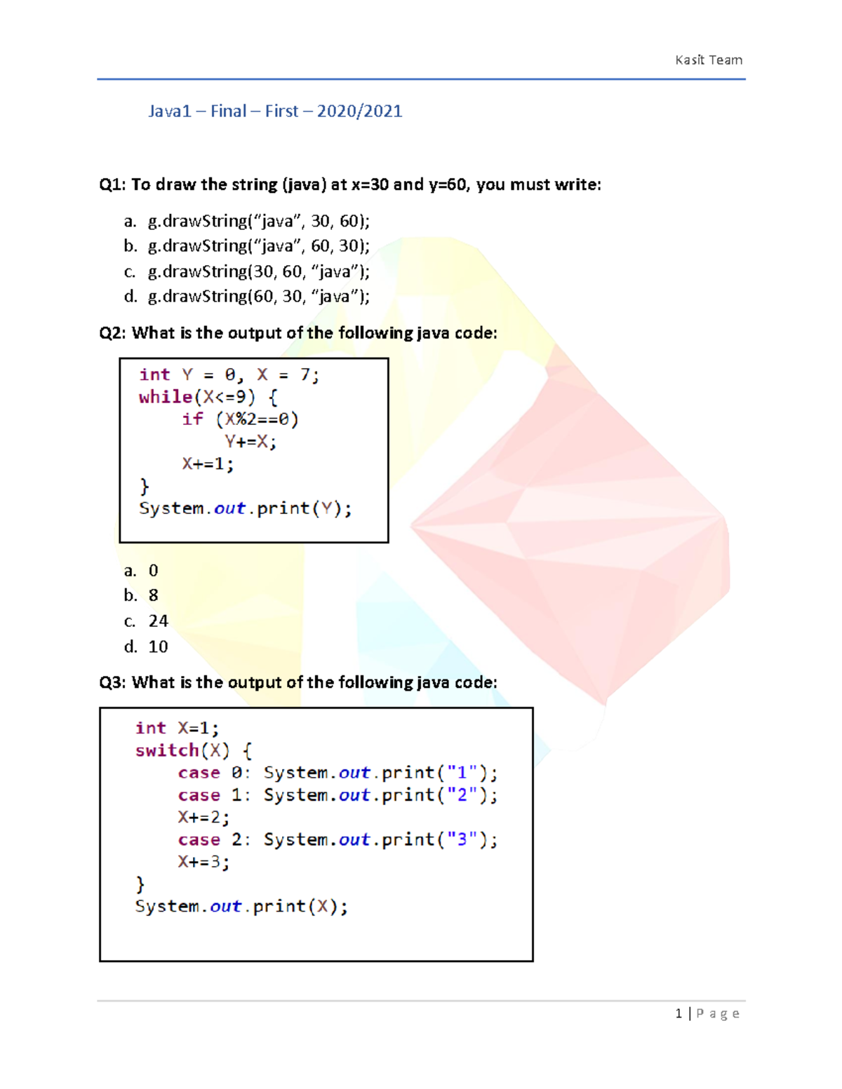 Testbank Java 1 final 2020 spring with solution - Java1 – Final – First ...