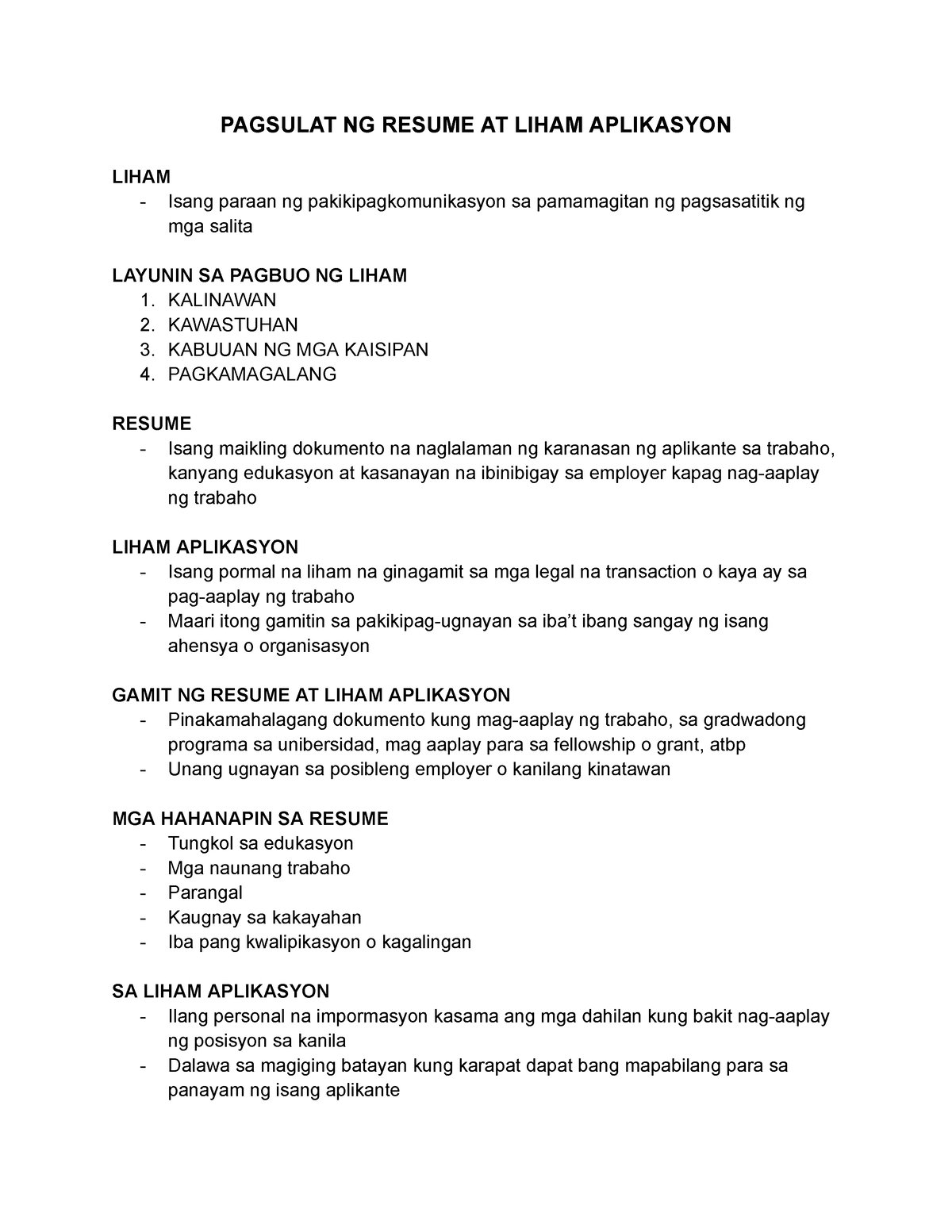 PAGSULAT NG RESUME AT LIHAM APLIKASYON - PAGSULAT NG RESUME AT LIHAM ...