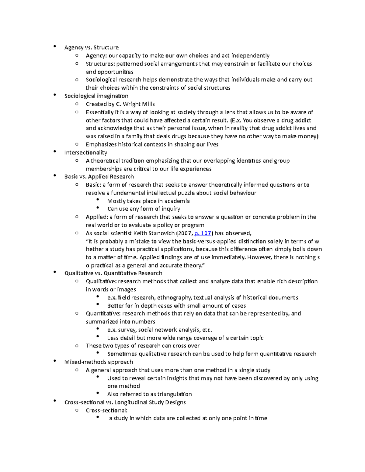 Research methods week 1 reading notes - Agency vs. Structure o Agency ...