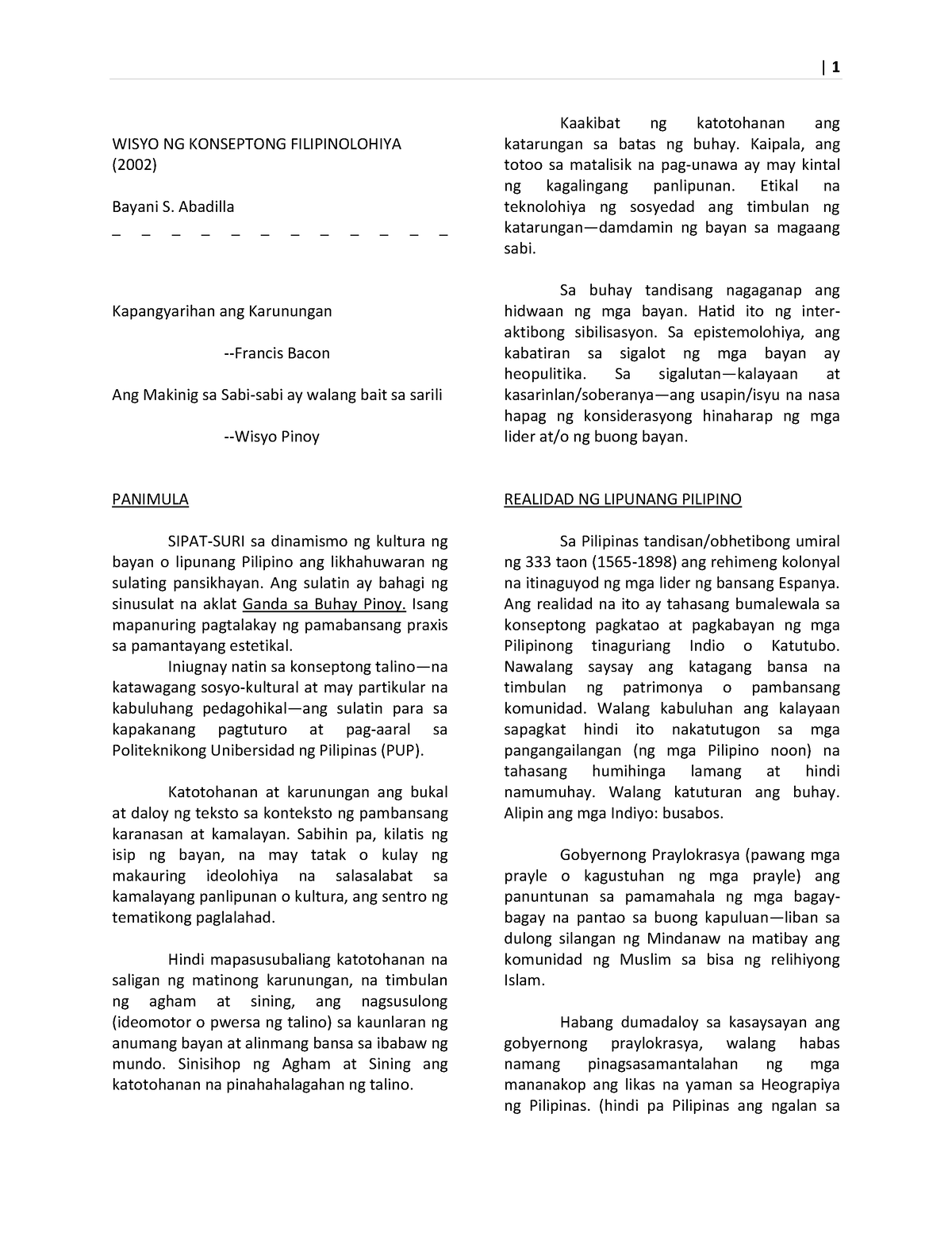 (2) Wisyo Ng Konseptong Filipinolohiya - WISYO NG KONSEPTONG ...