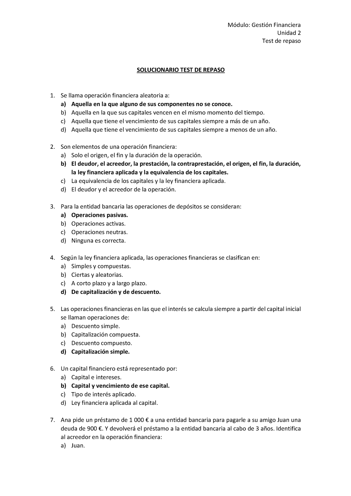 Test Tema 2 Test Tema 2 Módulo Gestión Financiera Unidad 2 Test De Repaso Solucionario Test 7465