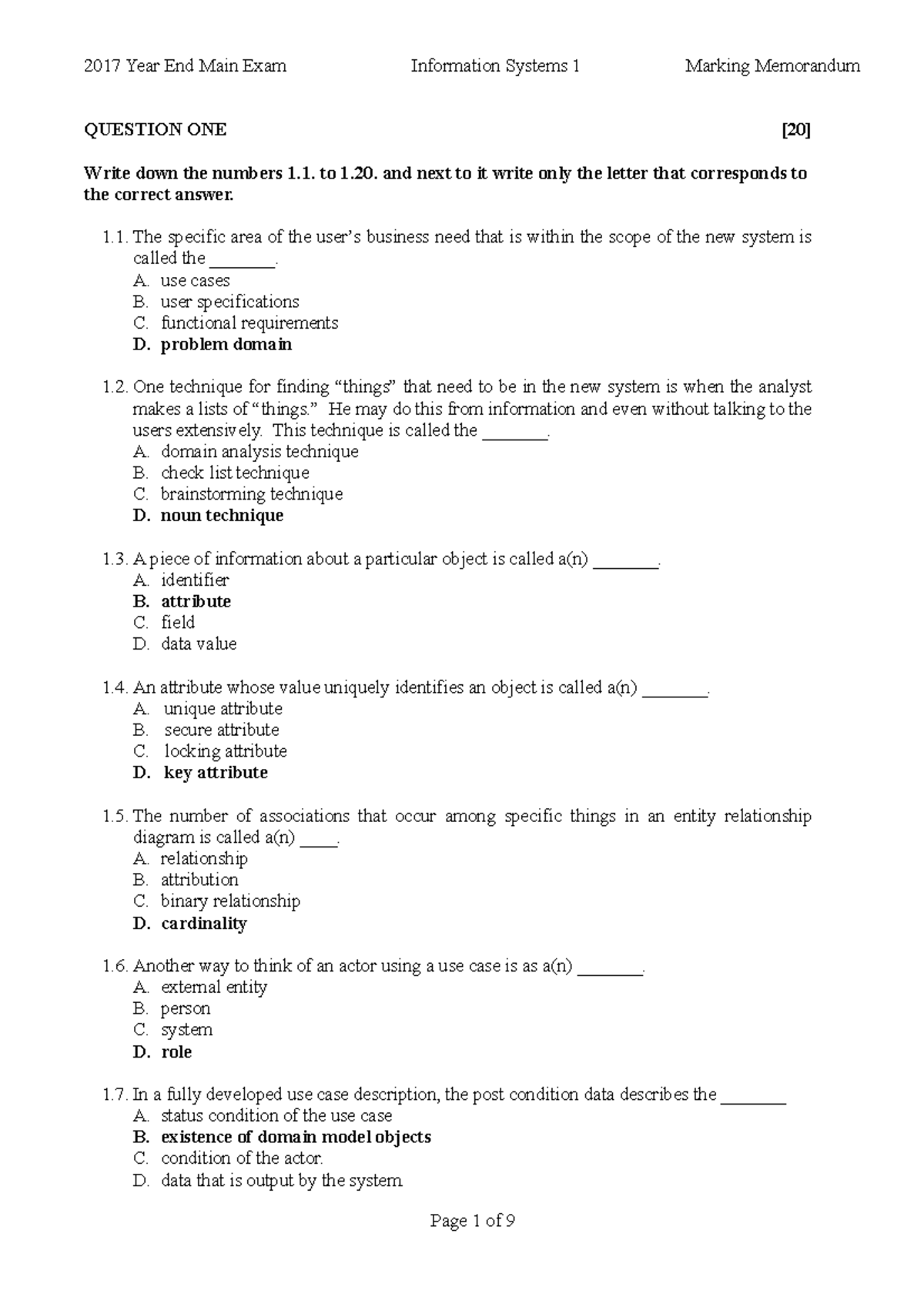 Exam 20 November 2017, answers - 2017 Year End Main Exam Information ...