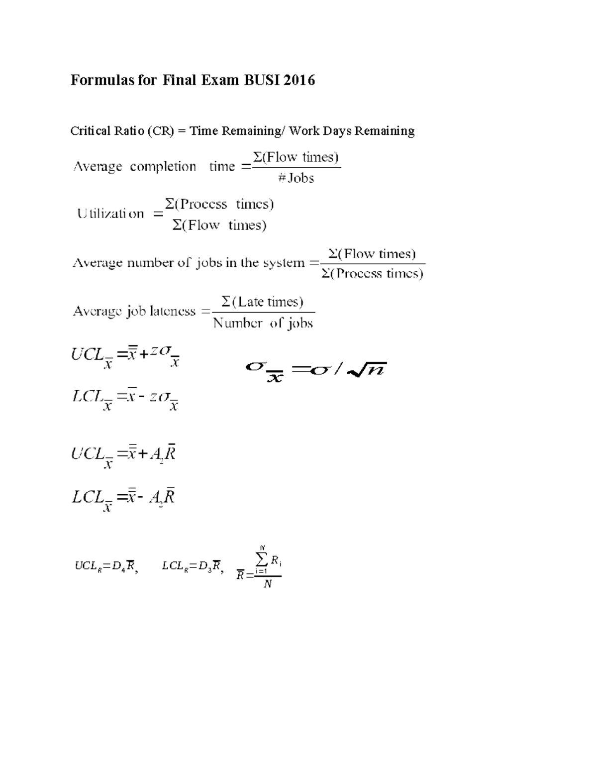 Final exam formula sheet - Business 2019 - Formulas for Final Exam BUSI ...