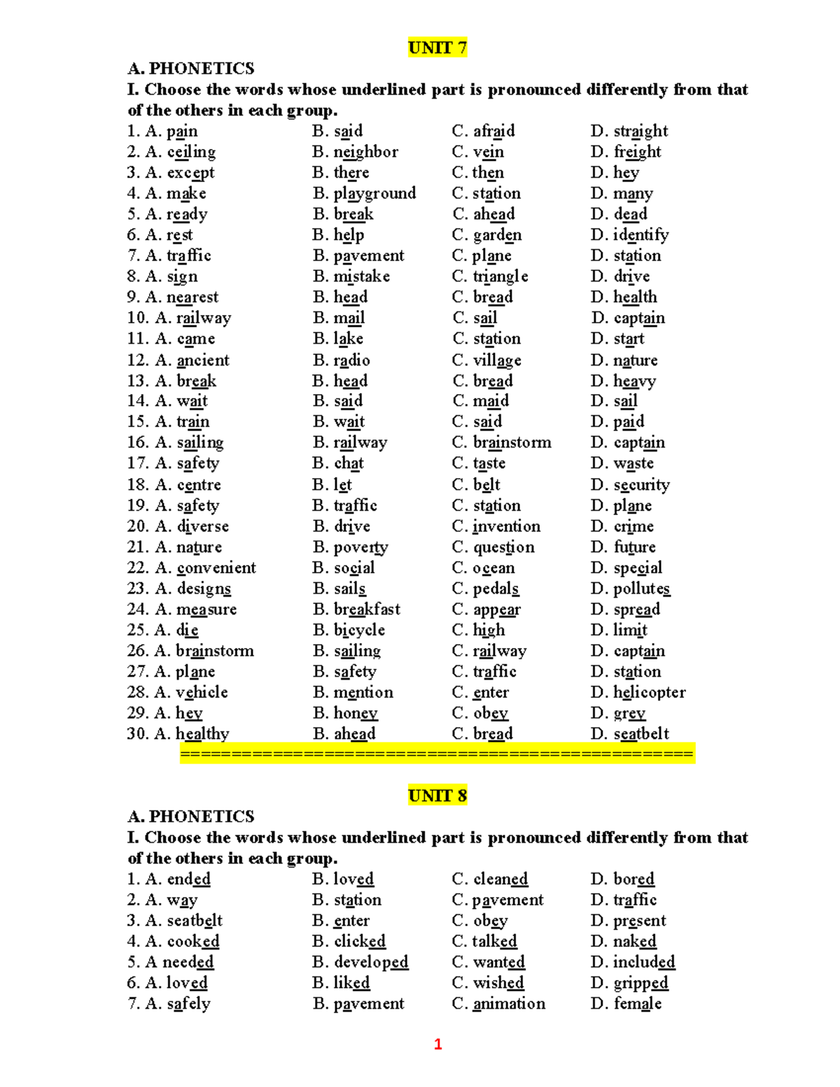 Pronunciation For Student - UNIT 7 A. PHONETICS I. Choose The Words ...