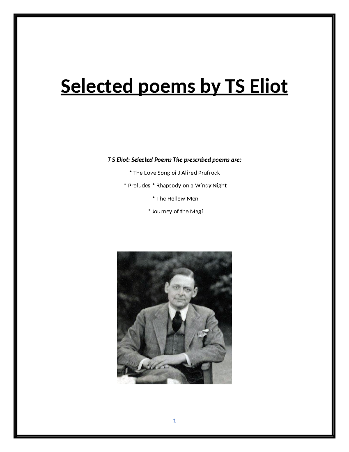 Booklet Selected poems by TS Eliot - Selected poems by TS Eliot T S ...