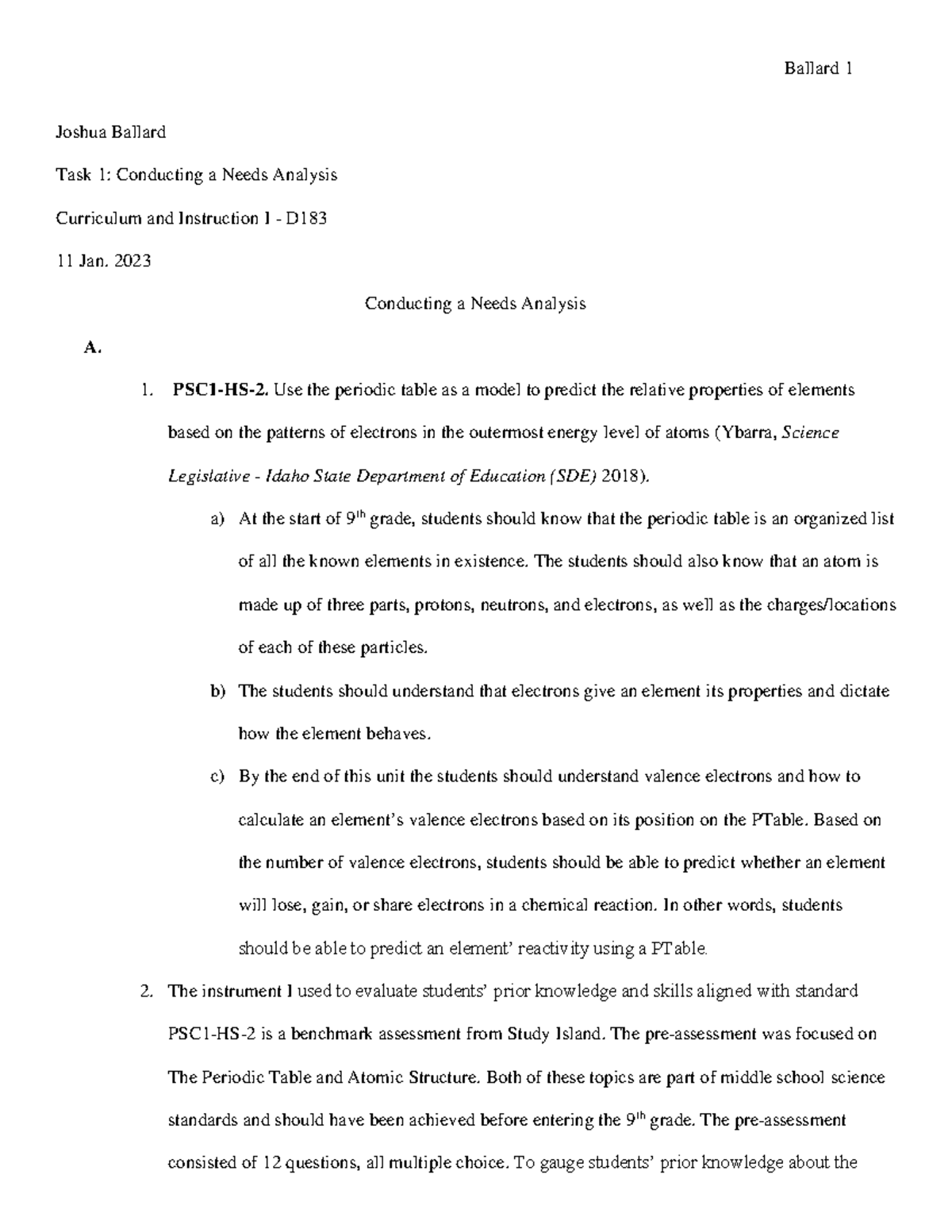 TASK 1 - Conducting A Needs Analysis - Joshua Ballard Task 1 ...