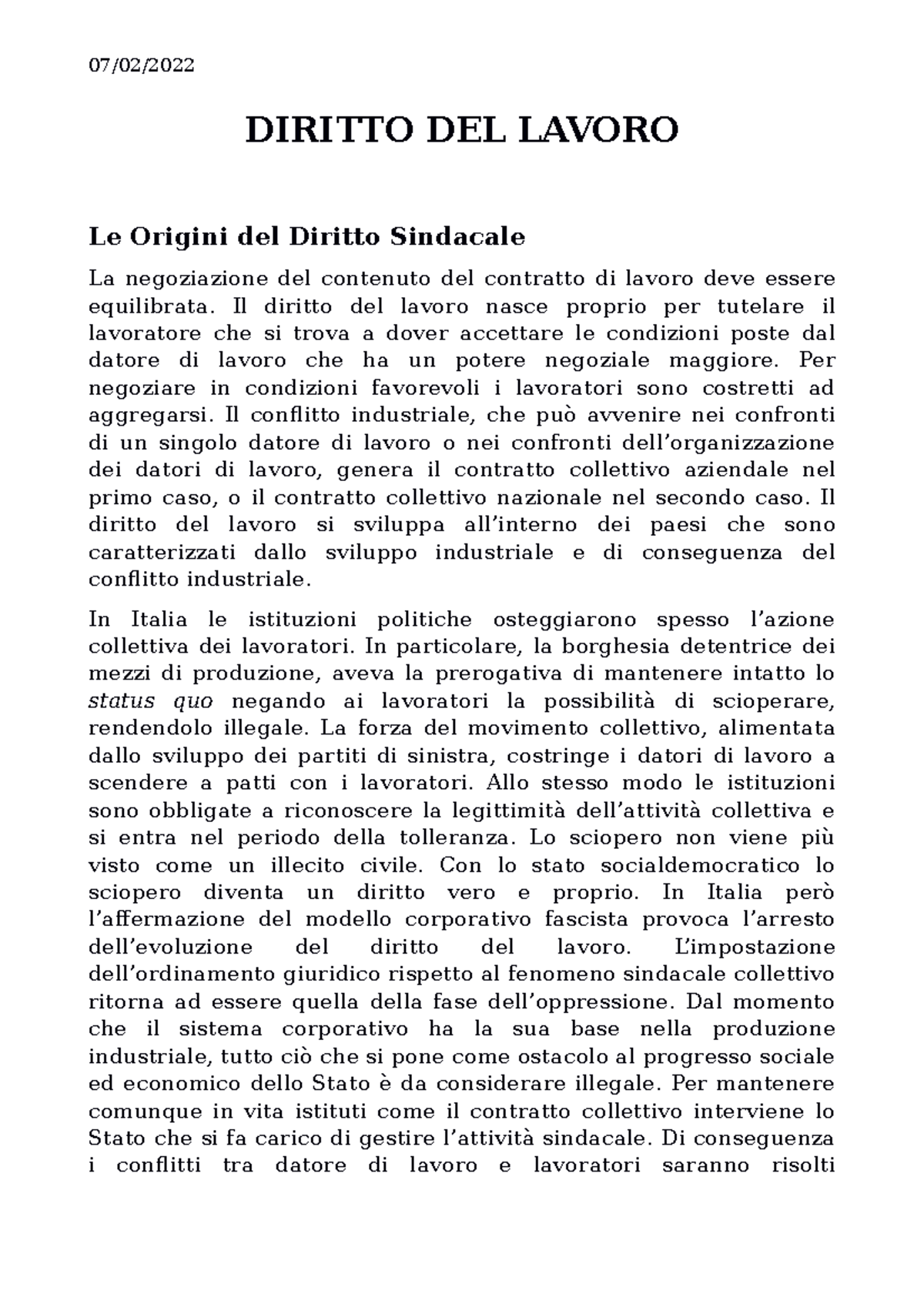 3-Le Origini Del Diritto Sindacale - 07/02/ DIRITTO DEL LAVORO Le ...