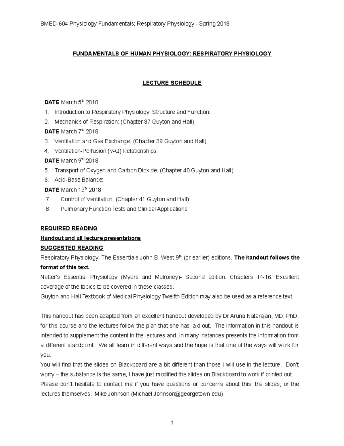 Resp Handout Spring 2018 Biol 307 Human Physiology Umbc - 