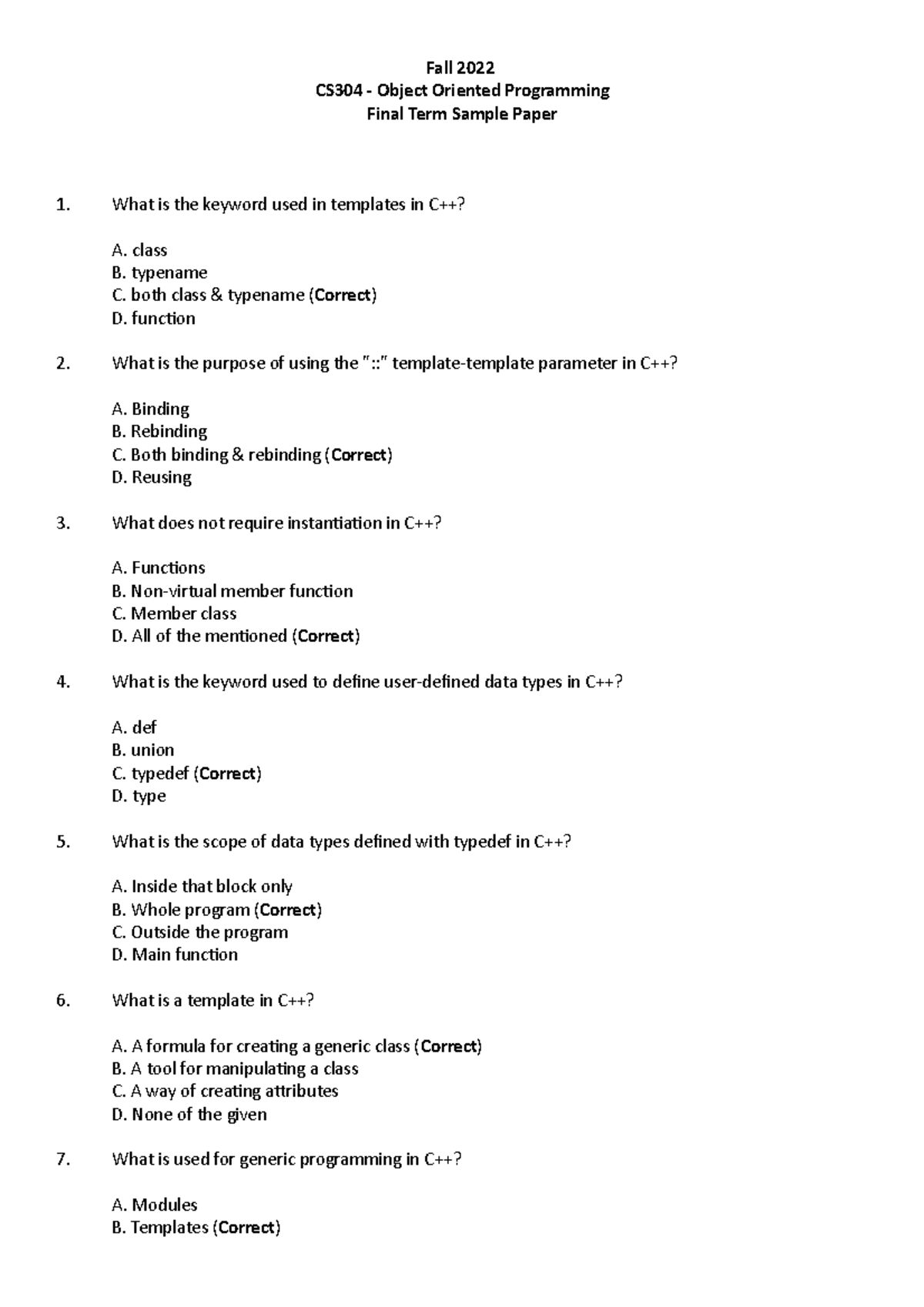 Sample Paper - notes - Fall 2022 CS304 - Object Oriented Programming ...