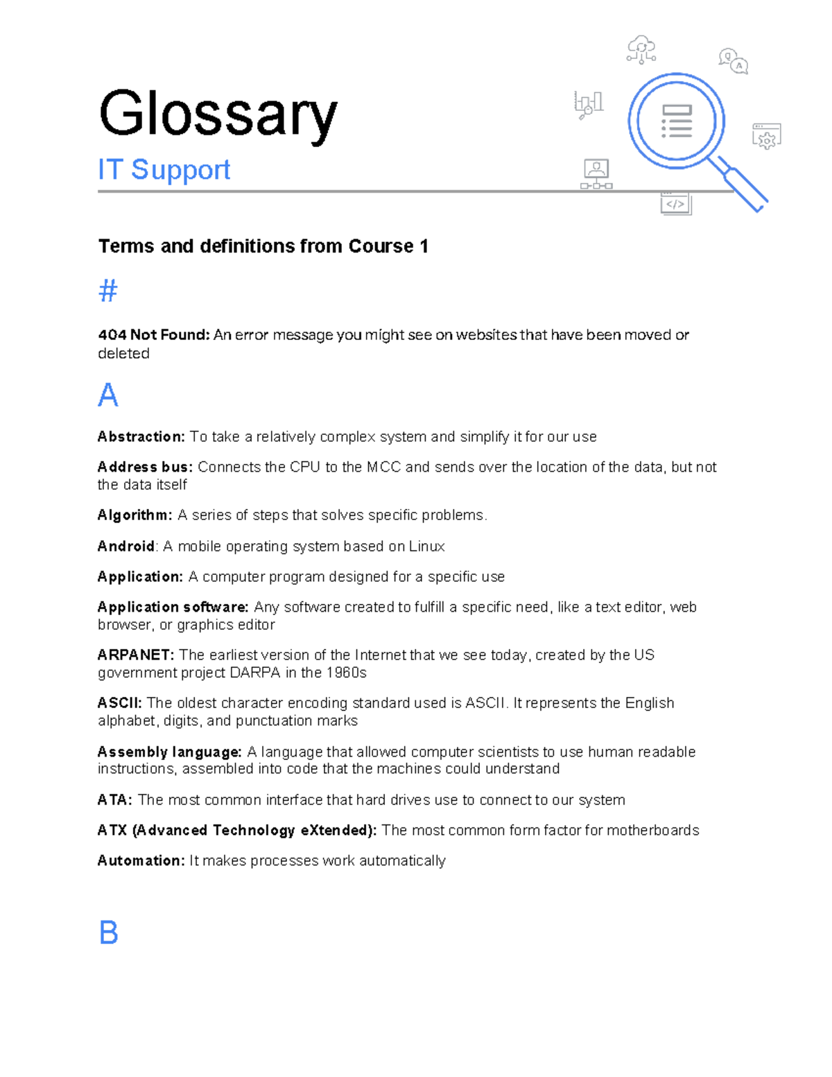 Course 1 Glossary - Help - Glossary IT Support Terms and definitions ...