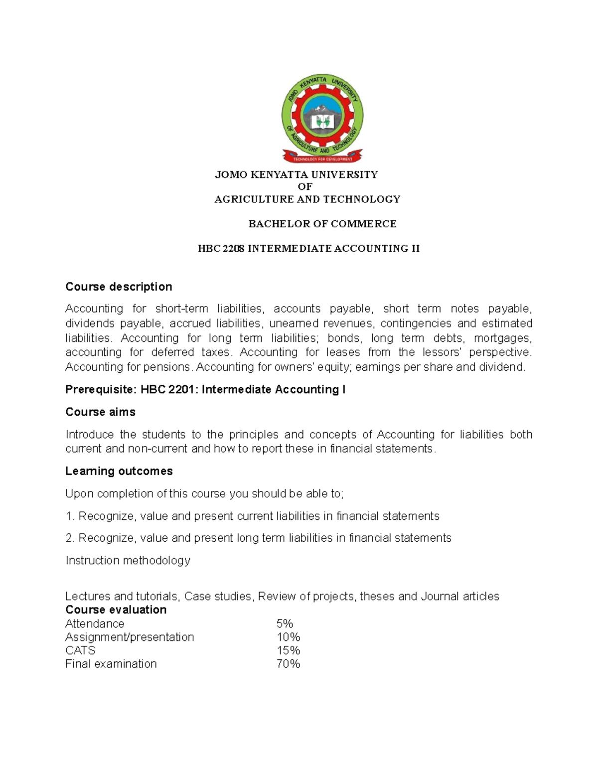 hbc-2208-course-outline-lesson-plan-jomo-kenyatta-university-of