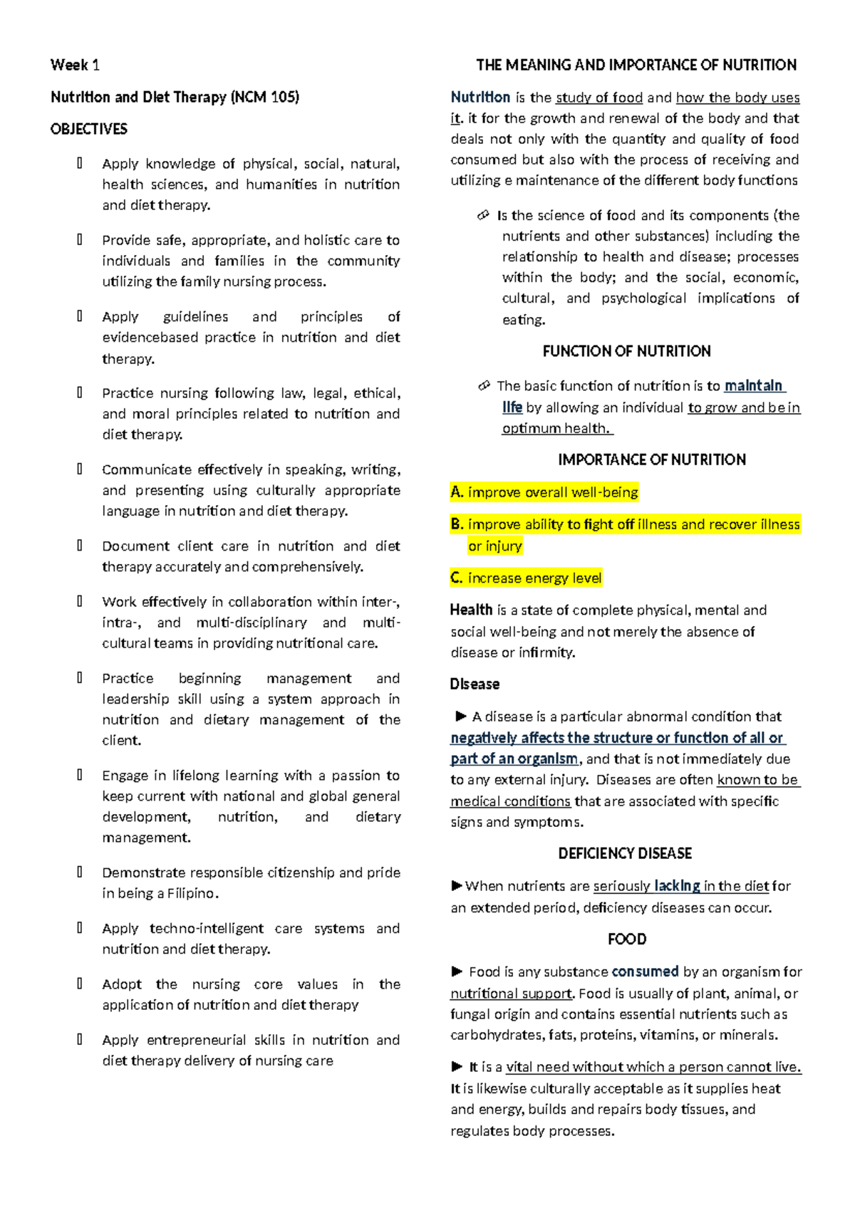 Week 1 Nutri Docx - hahabsjs - Week 1 Nutrition and Diet Therapy (NCM ...
