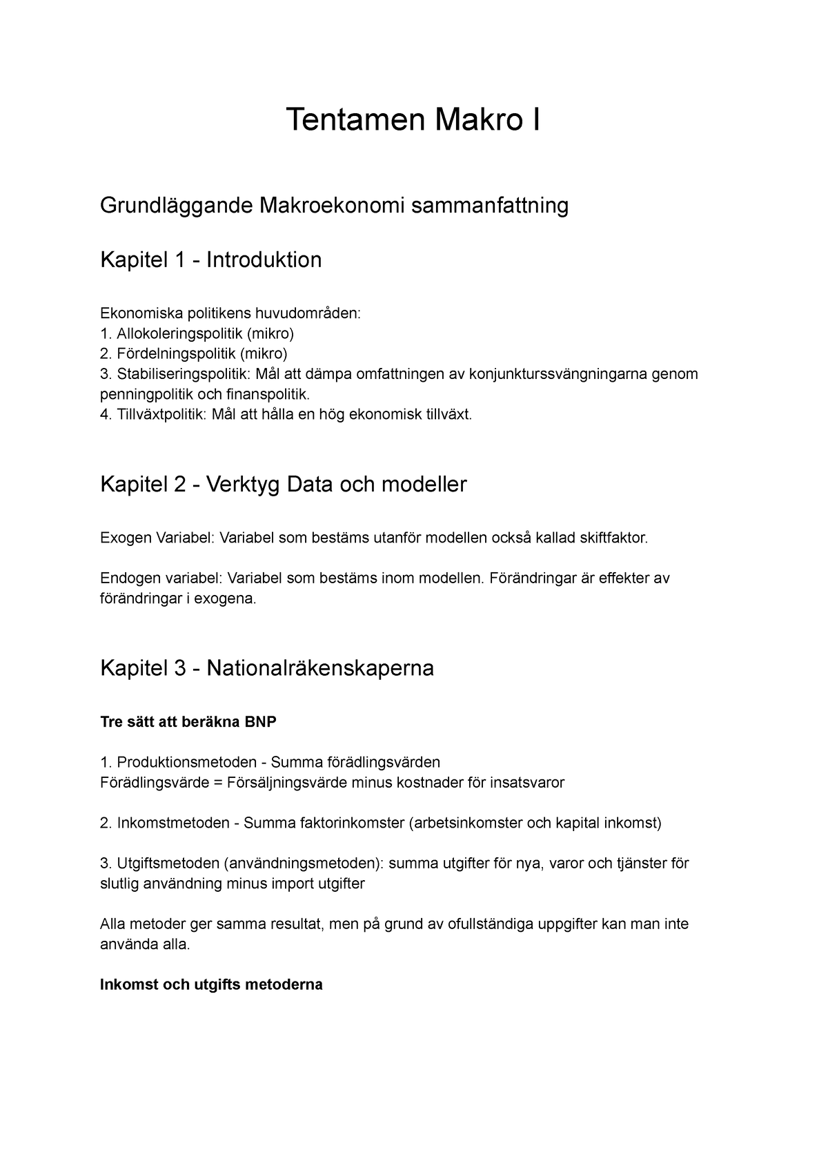 Sammanfattning Makro 1 - Tentamen Makro I Grundläggande Makroekonomi ...