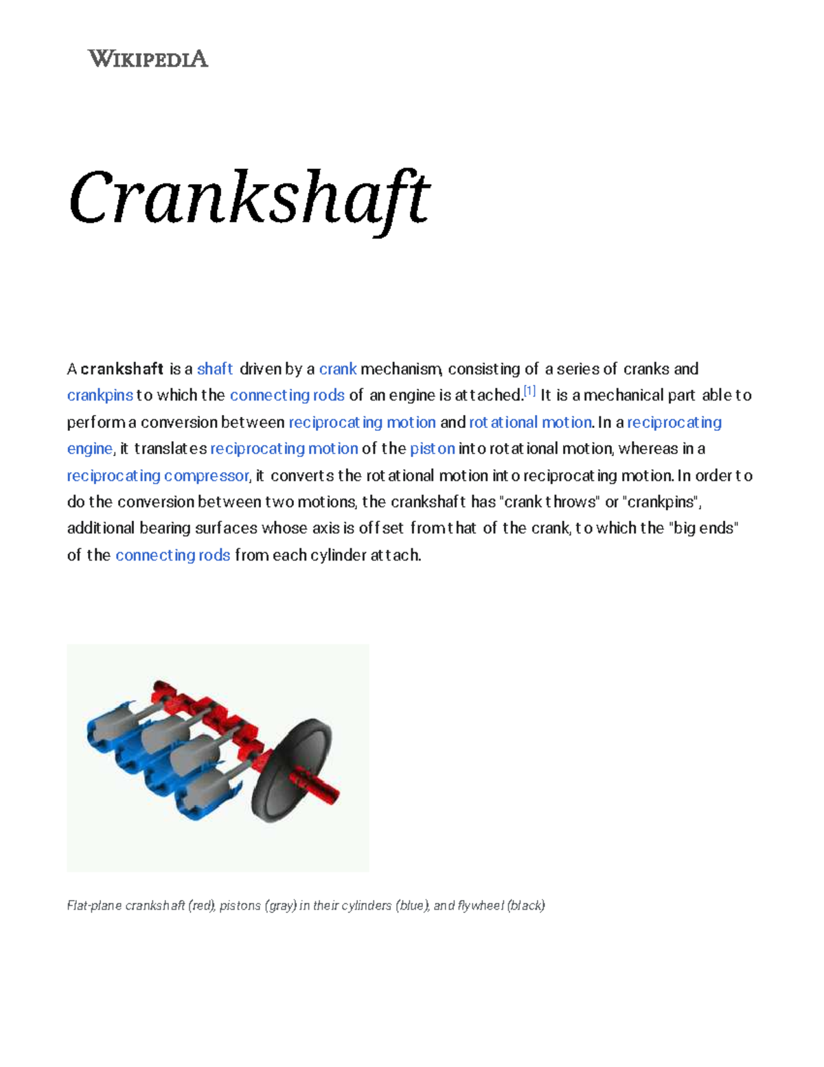 Crankshaft Wikipedia PDF Crankshaft A crankshaft is a shaft driven by