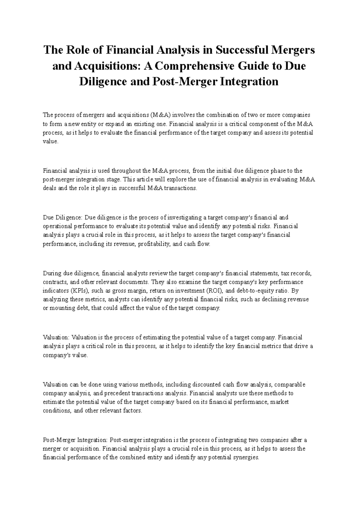 The Role of Financial Analysis in Successful Mergers and Acquisitions ...