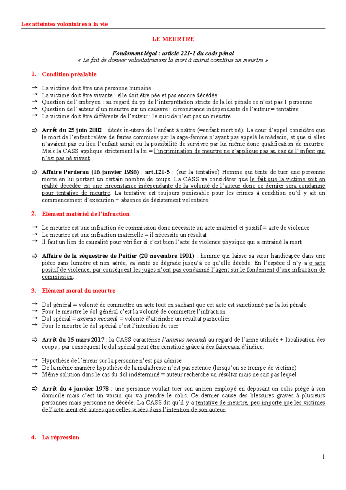 Article 221 5 1 Du Code Pénal Fiches-droit-pénal 2 - Les atteintes volontaires à la vie LE MEURTRE  Fondement légal : article 221-1 - Studocu