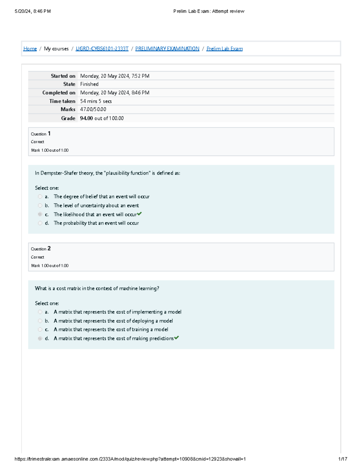 Artificial Intelligence Fundamentals Prelim Lab Exam - Home / My ...