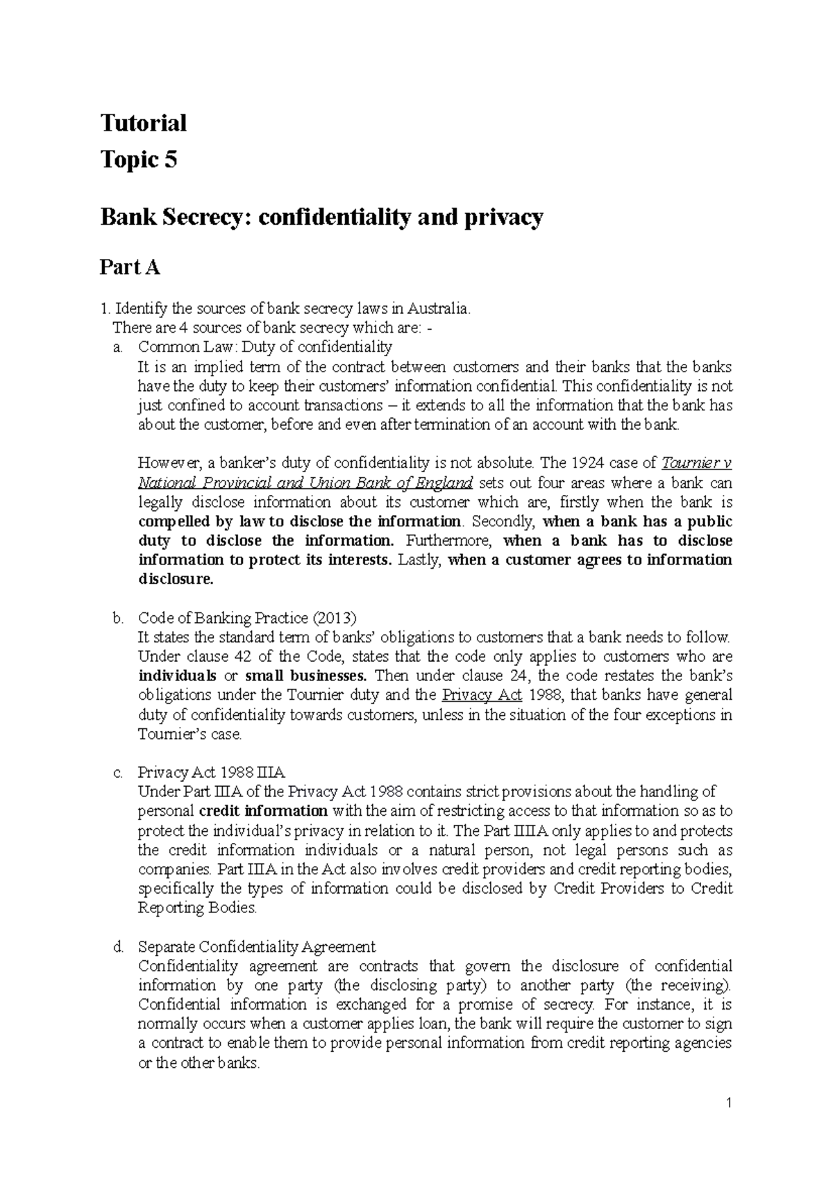 Tutorial Topic 5 Bank Secrecy confidentiality and privacy - Tutorial ...