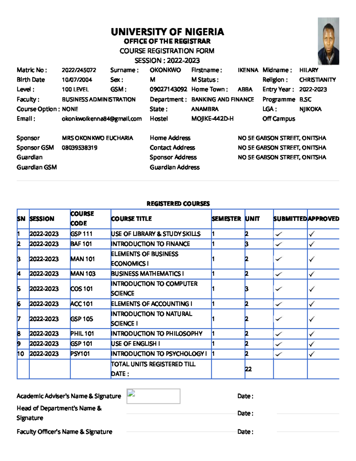 Course registration UNIVERSITY OF NIGERIA OFFICE OF THE REGISTRAR