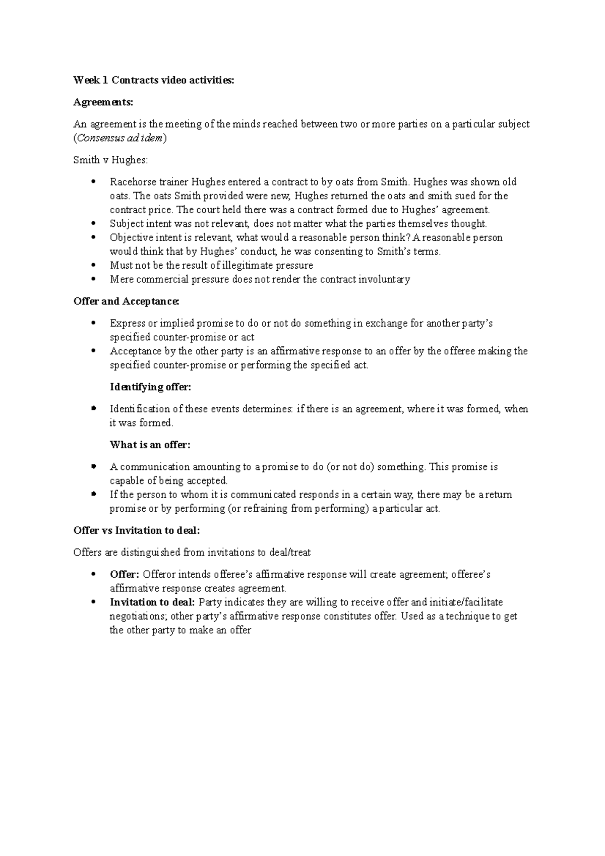 Week 1 Contracts Weekly notes- Agreement - Week 1 Contracts video ...