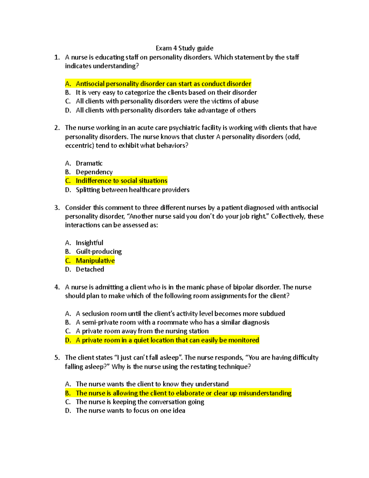 MH Exam 4 Study guide - Exam 4 Study guide A nurse is educating staff ...