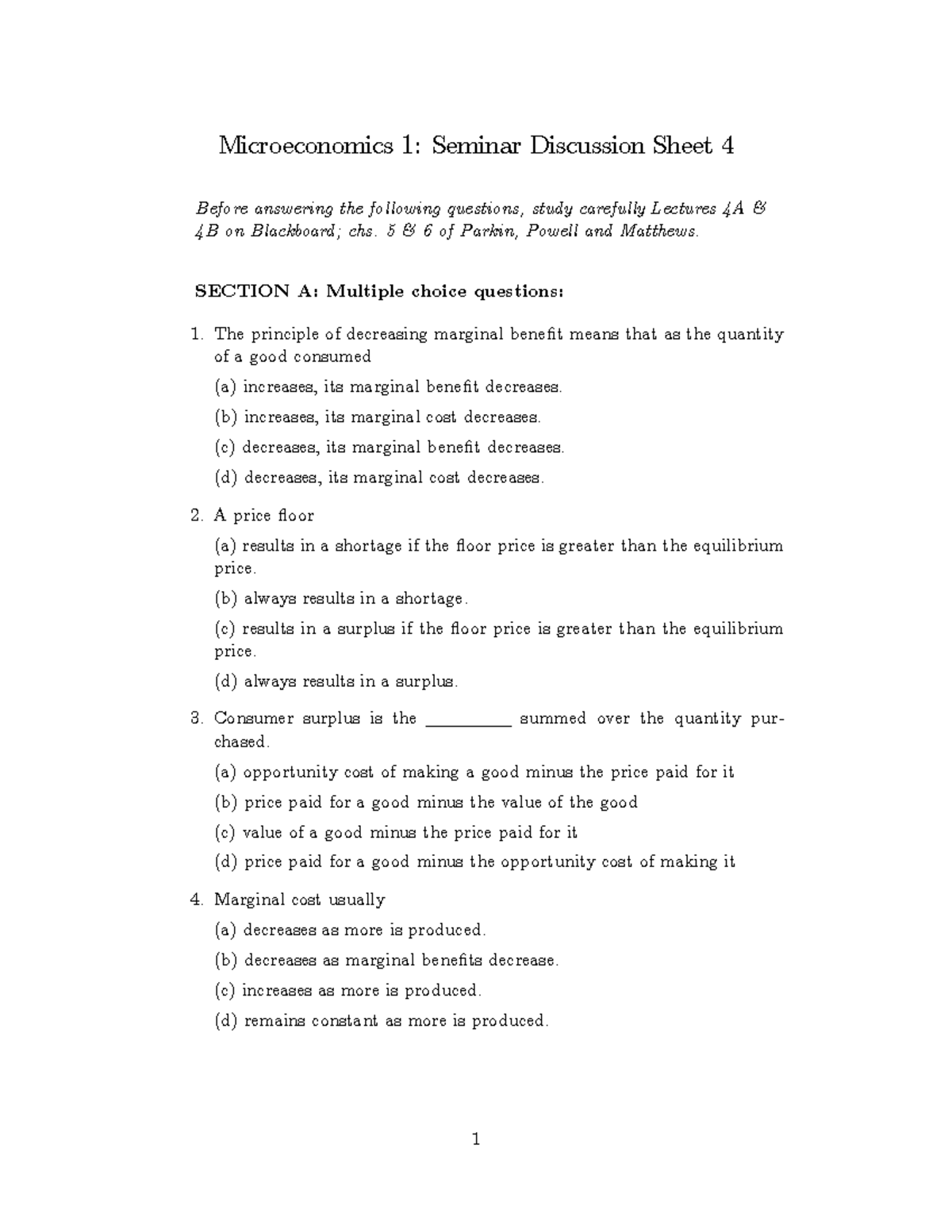Seminar Disussion Sheet 4 Microeconomics Mn 1011 Swansea Studocu