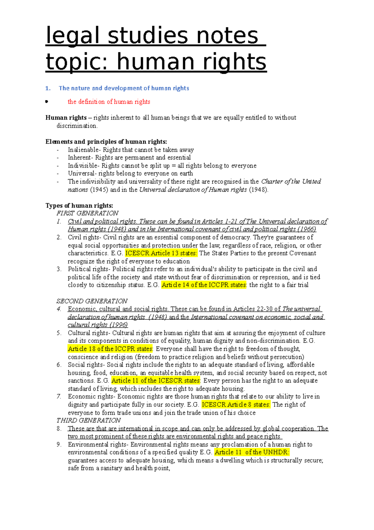 Human Right Notes topic human rights 1. The nature and development
