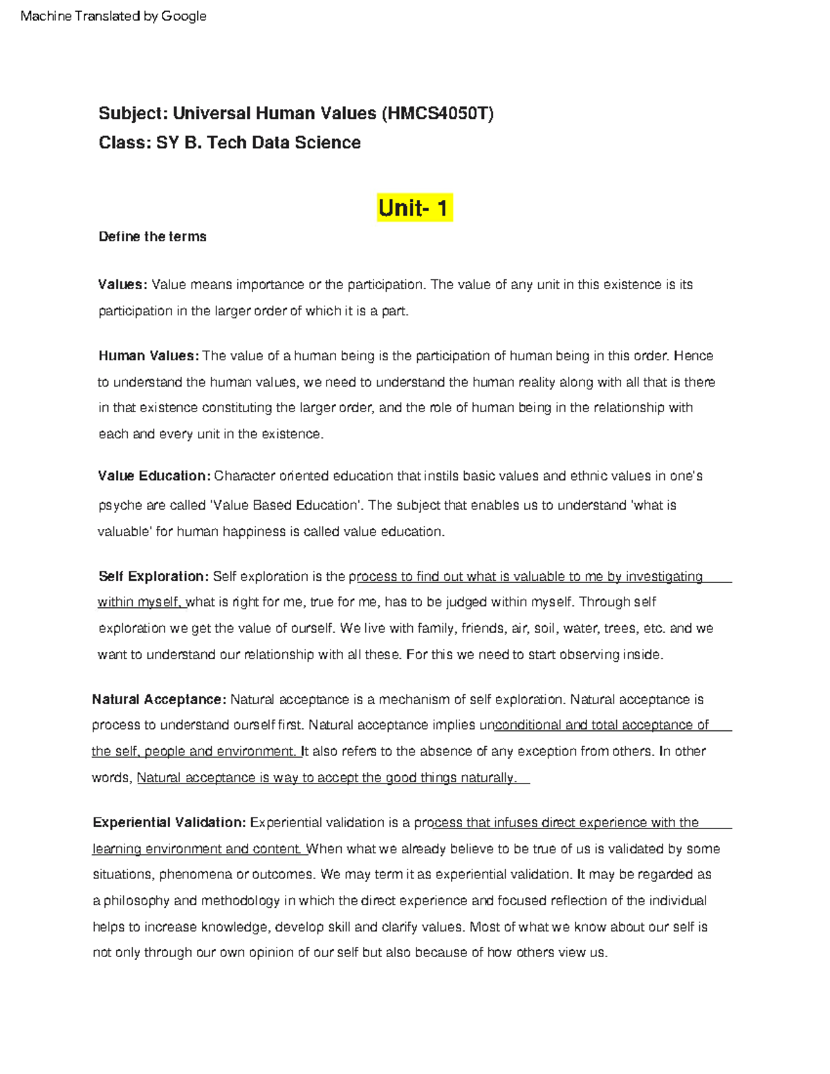 UHV Notes PSS 2022-23 - Subject: Universal Human Values (HMCS4050T ...