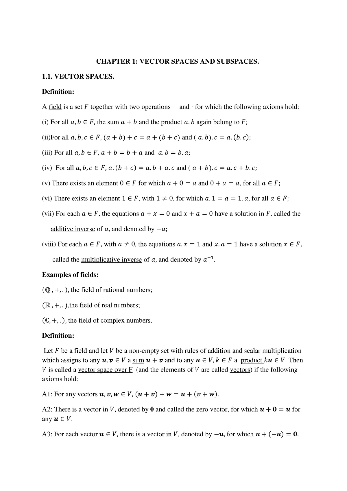 Chapter 1(Vector Spaces & Sub-spaces) - CHAPTER 1: VECTOR SPACES AND ...