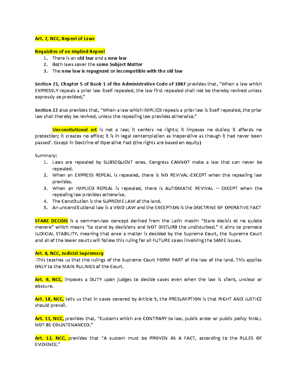 PFR Notes - Persons and Family Relation - Art. 7, NCC, Repeal of Laws ...