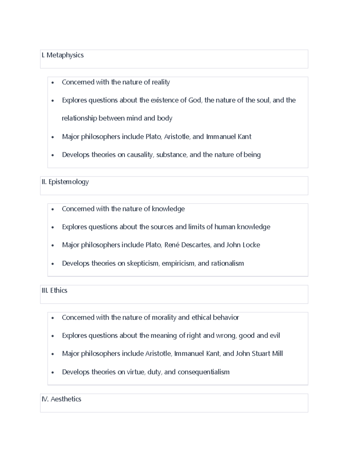 Philosophy notes 3 - I. Metaphysics • Concerned with the nature of ...
