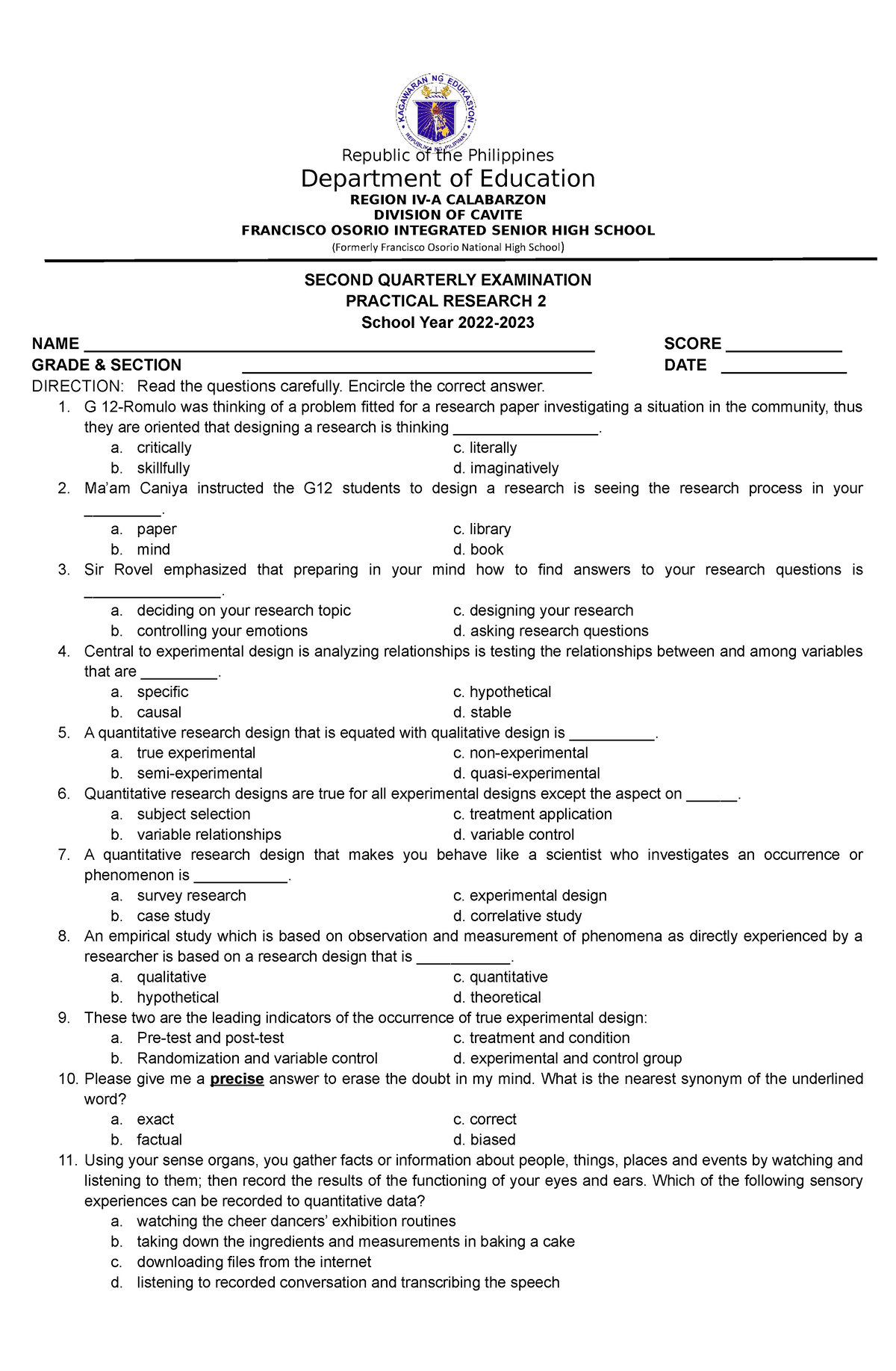 Q2 EXAM - PR2 SOLO Framework - Republic of the Philippines Department ...