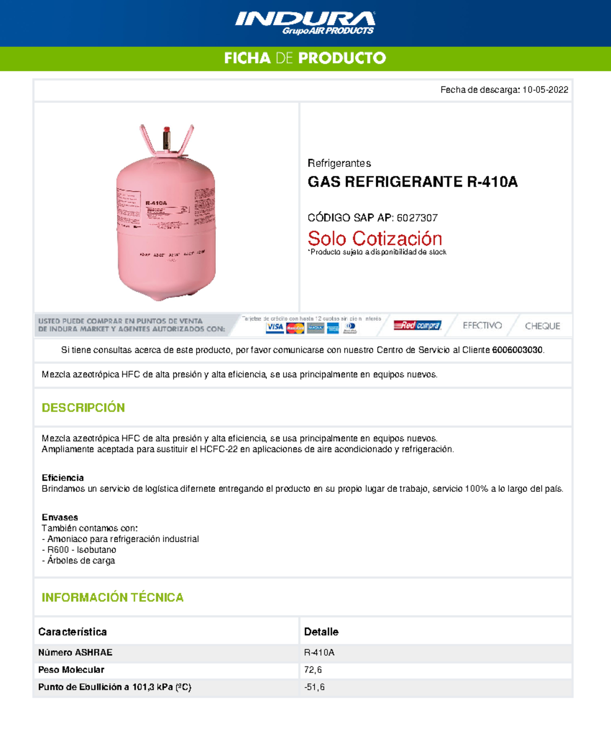 Ficha tecnica GAS Refrigerante R-410A - Fecha de descarga: 10-05 ...