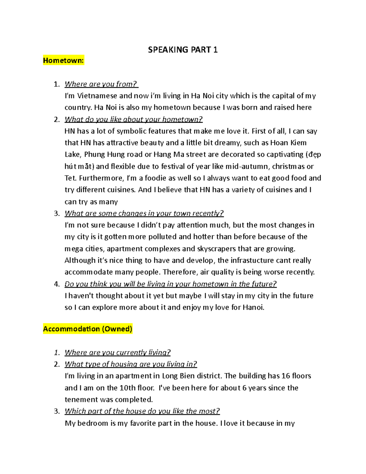 Speaking PART 1 example SPEAKING PART 1 Hometown Where are you