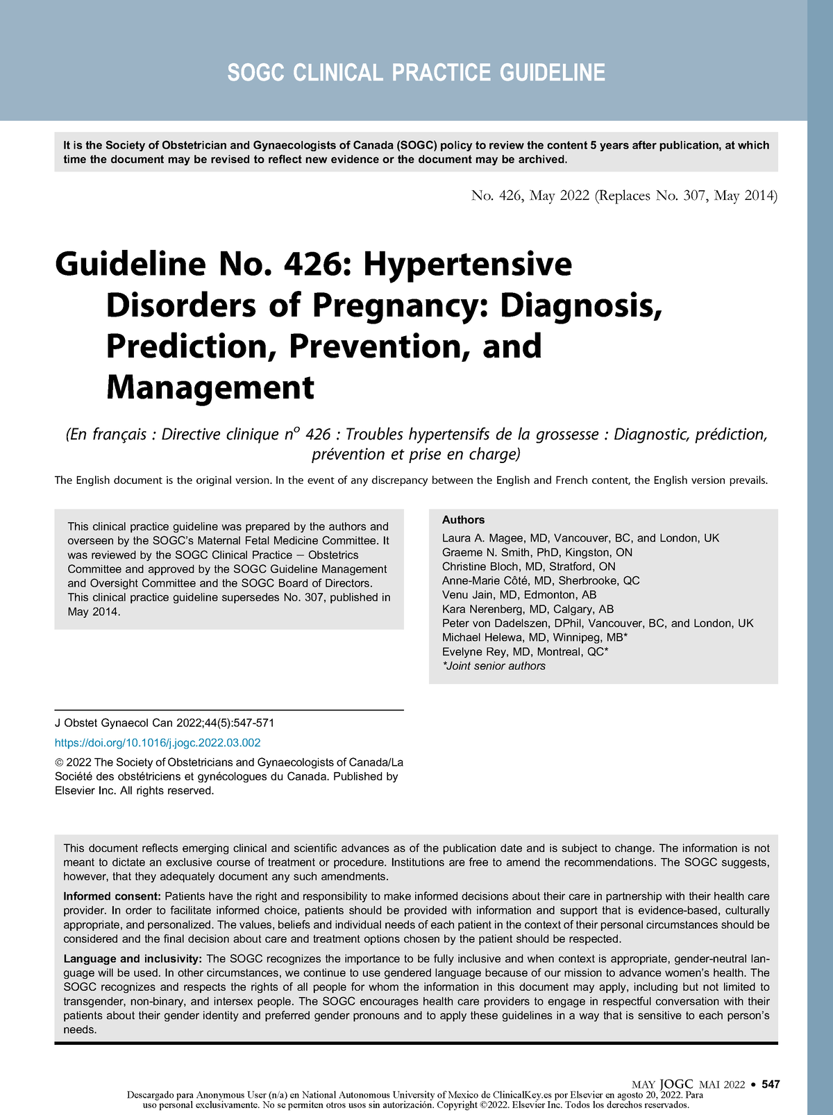 Guideline No. 426: Hypertensive Disorders of Pregnancy: Diagnosis,  Prediction, Prevention, and Management - Journal of Obstetrics and  Gynaecology Canada