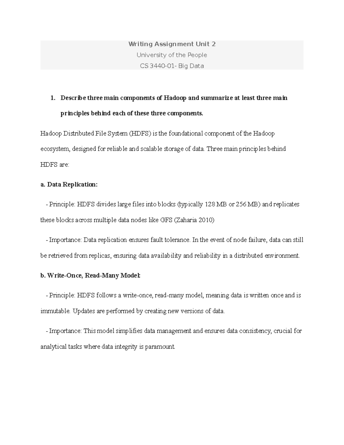 Writing Assignment Unit 2 Describe Three Main Components Of Hadoop
