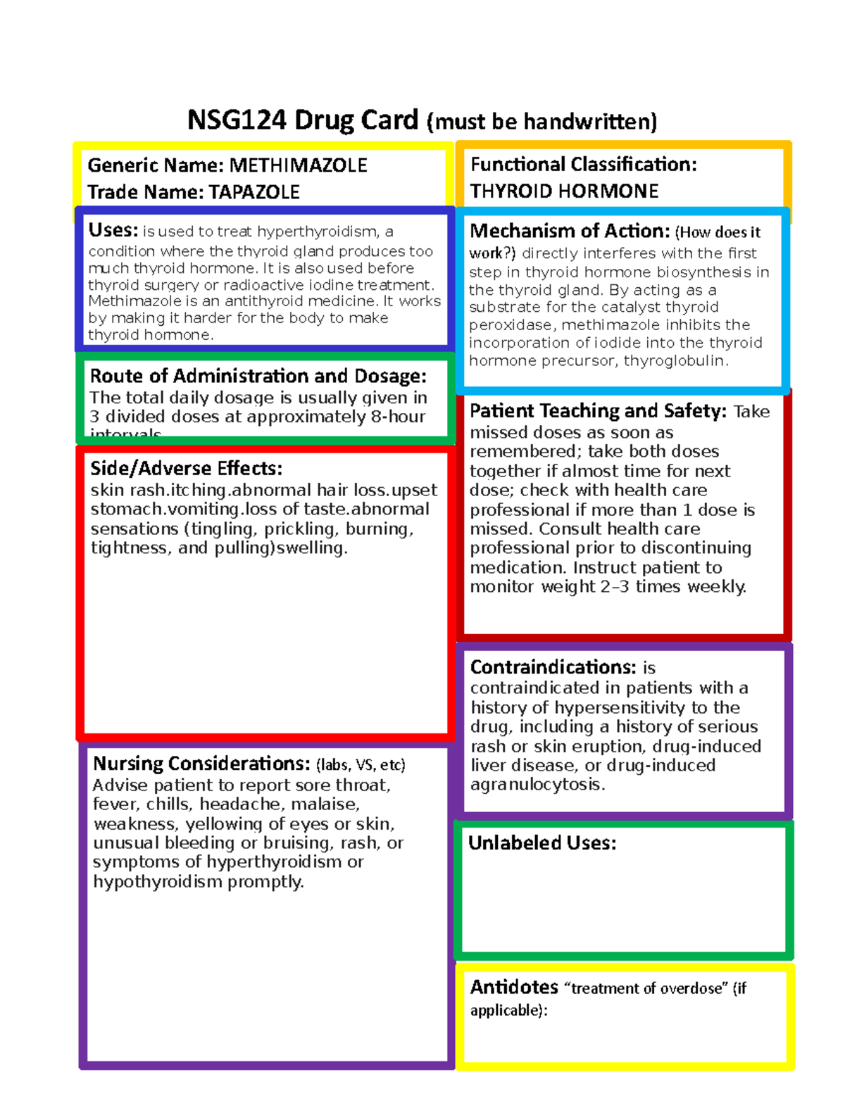 Methimazole course work NSG124 Drug Card (must be handwritten