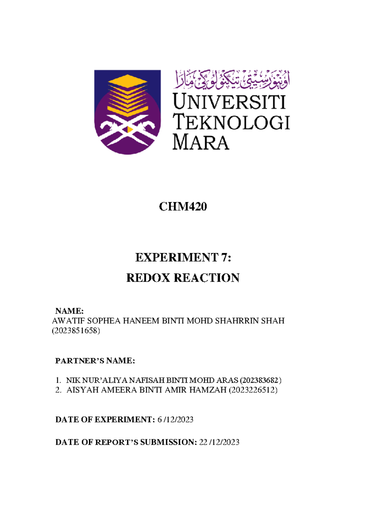 LAB Report 7 Chemistry - CHM EXPERIMENT 7 : REDOX REACTION NAME: AWATIF ...