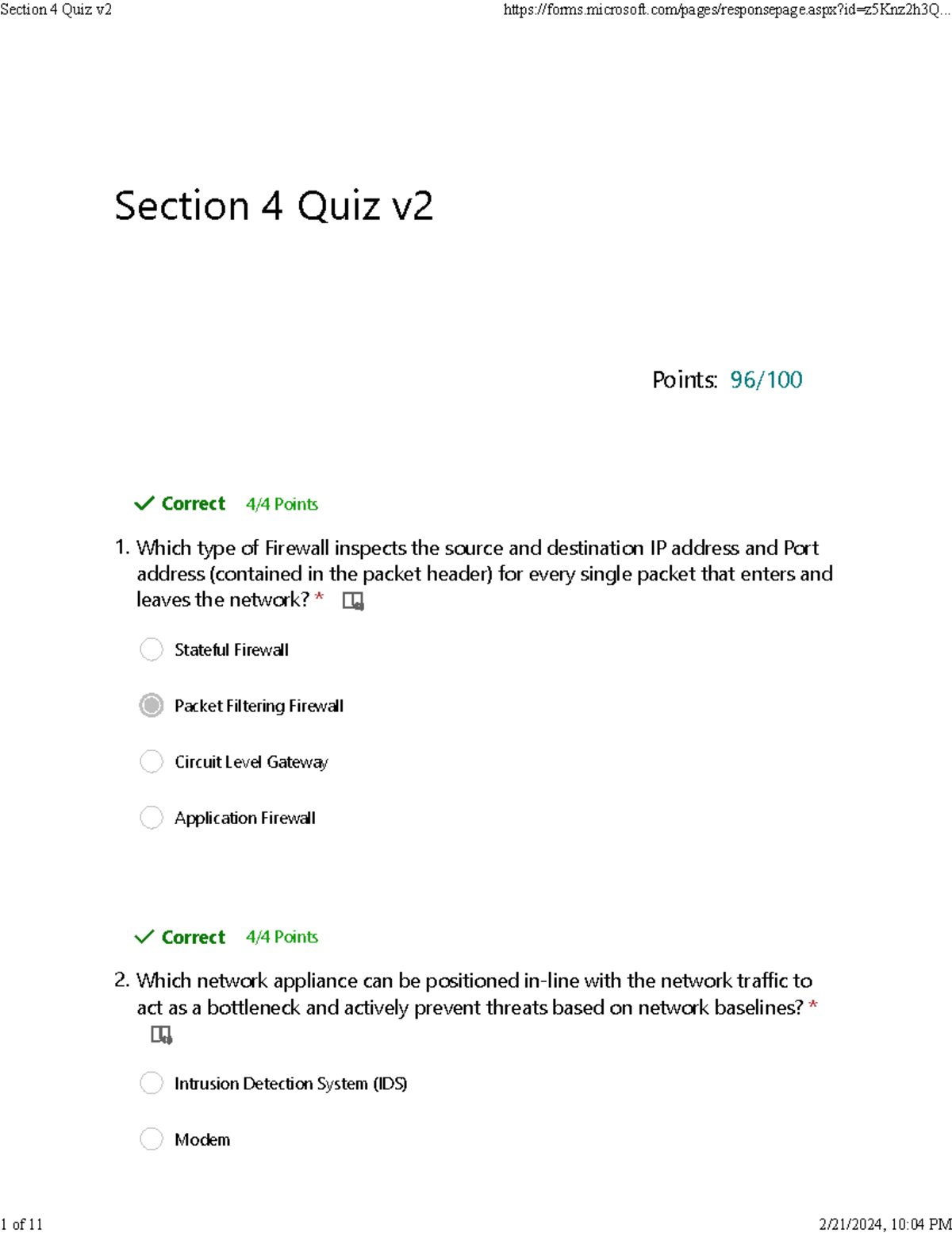 Session 4 Quiz 2 practice quiz Section 4 Quiz v Points 96/ Correct