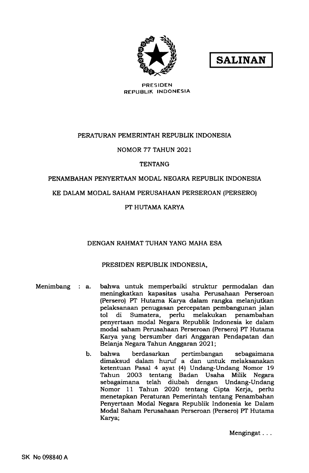 Pp Nomor 77 Tahun 2021 Salinan Preslden Republik Indonesia Peraturan