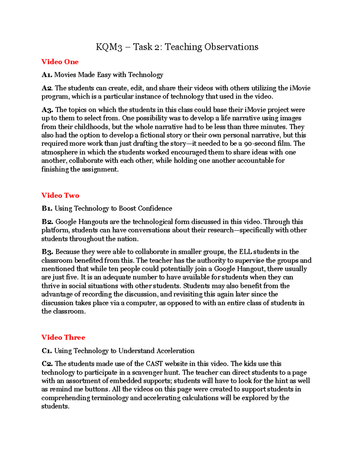 Task Two - Teaching Observations - KQM3 – Task 2: Teaching Observations ...