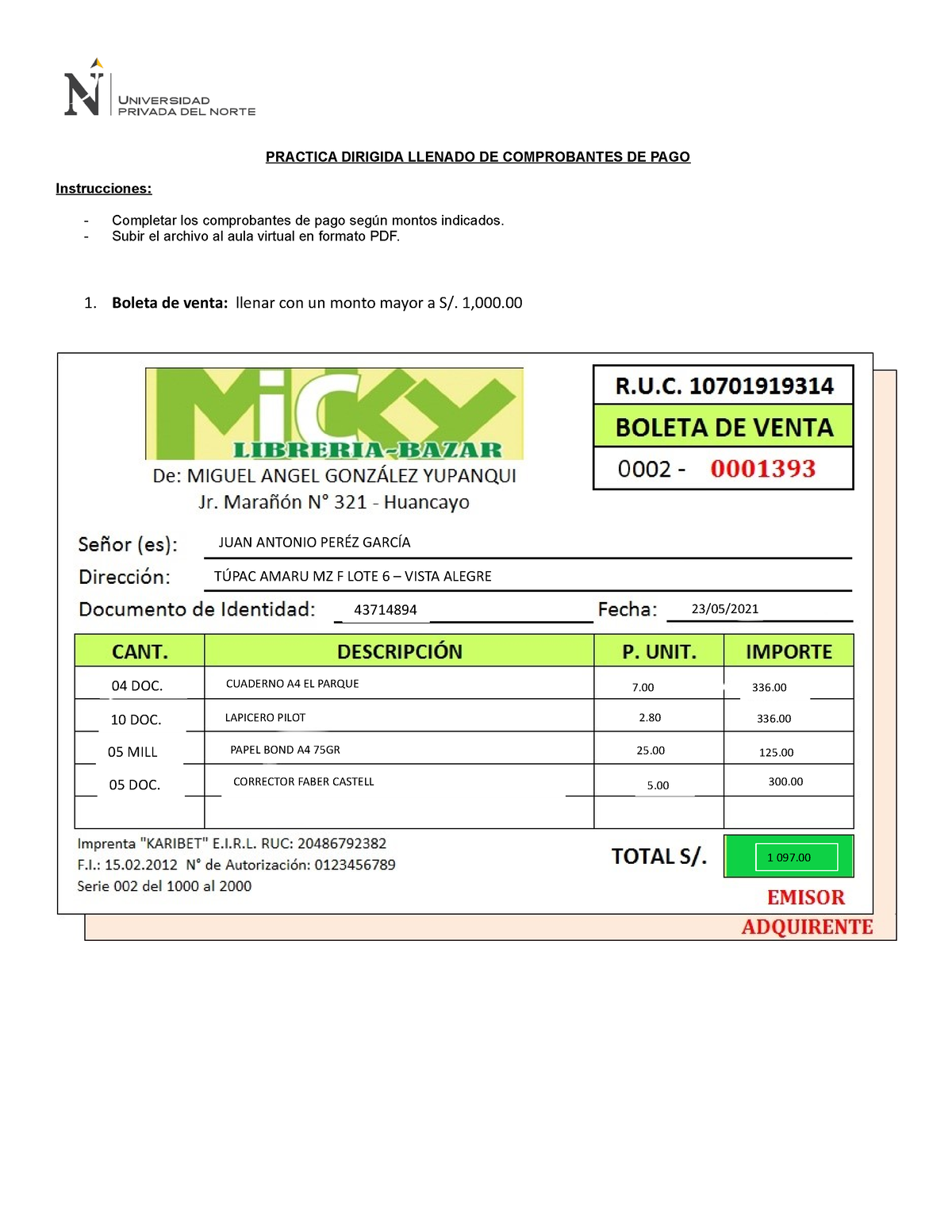 Ficha DE Trabajo DOS PRACTICA DIRIGIDA LLENADO DE COMPROBANTES DE PAGO Instrucciones