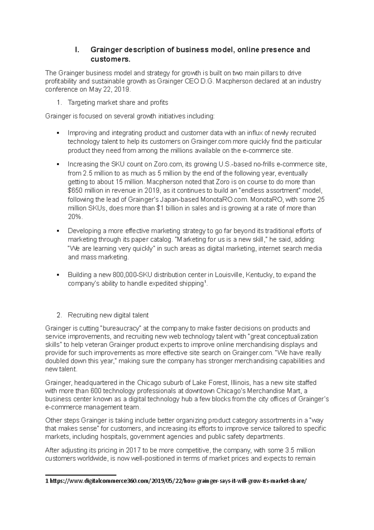 Grainger Business model and marketing strategy description I