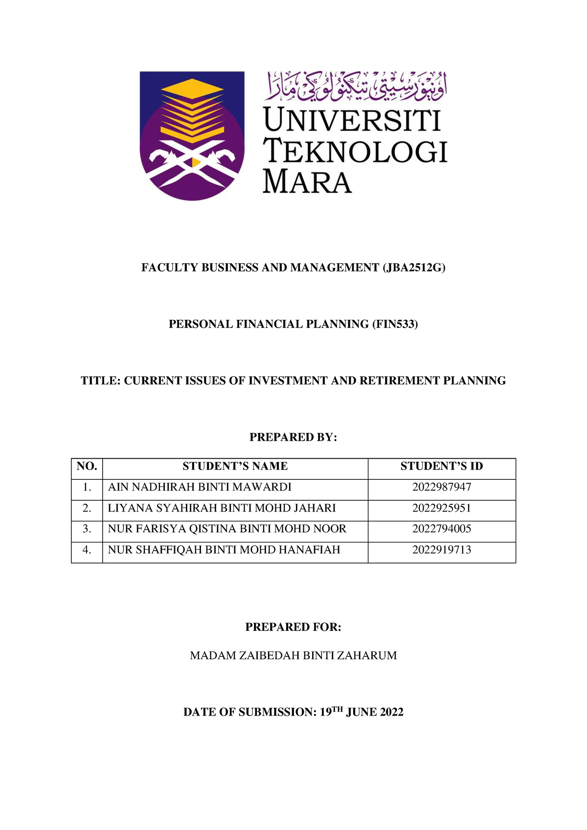 Group Report FIN533 - FACULTY BUSINESS AND MANAGEMENT (JBA2512G ...