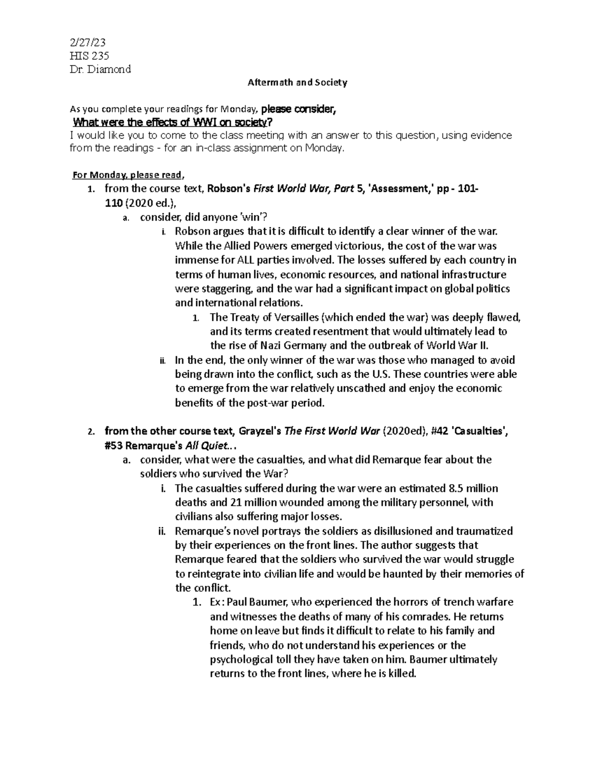 HIS 235 aftermath and society readings + questions 2/27/ HIS 235 Dr