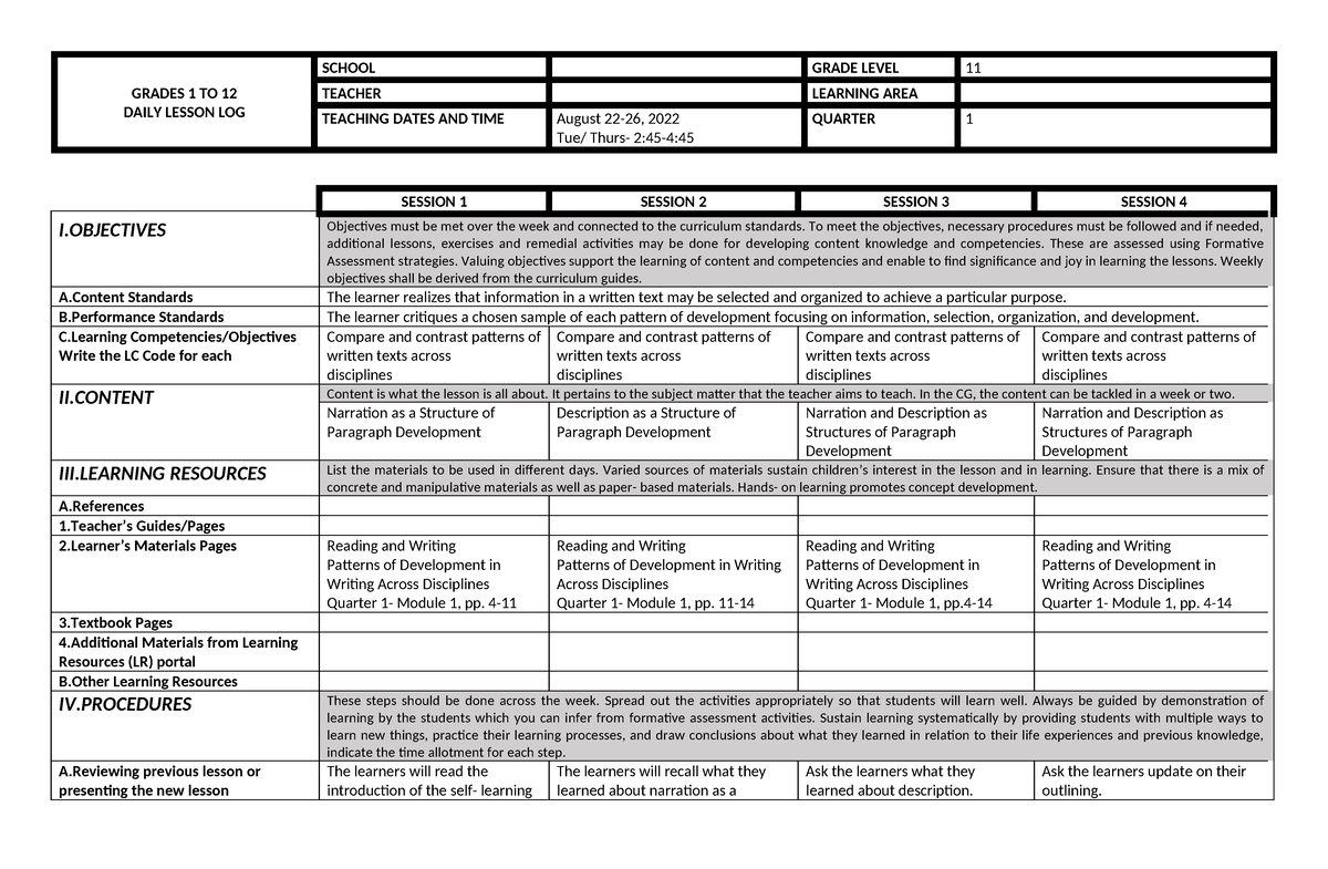 RW Q1 W1 - Daily Lesson Log - GRADES 1 TO 12 DAILY LESSON LOG SCHOOL ...