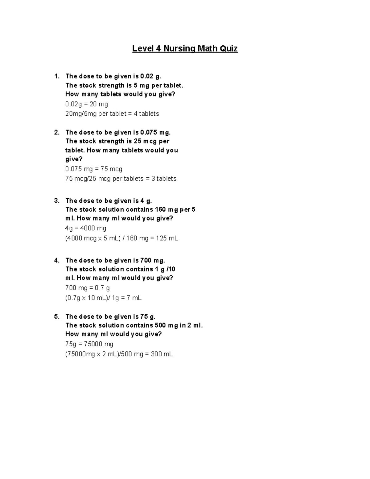 Level 4 Nursing Math Quiz - Student - Level 4 Nursing Math Quiz 1. The ...