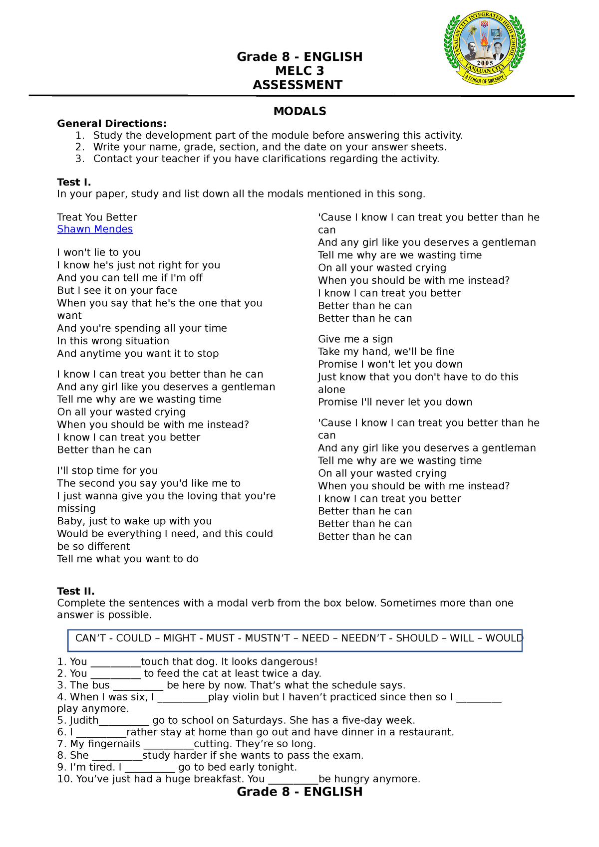 Q1MELC3-Assessment English 8 - Grade 8 - ENGLISH MELC 3 ASSESSMENT ...