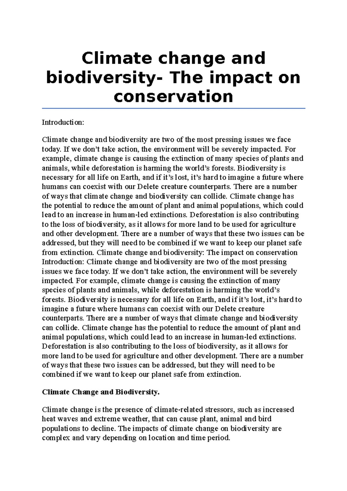 impact of climate change on biodiversity essay